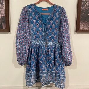 Oliphant tie front balloon sleeve dress in Antibes blue